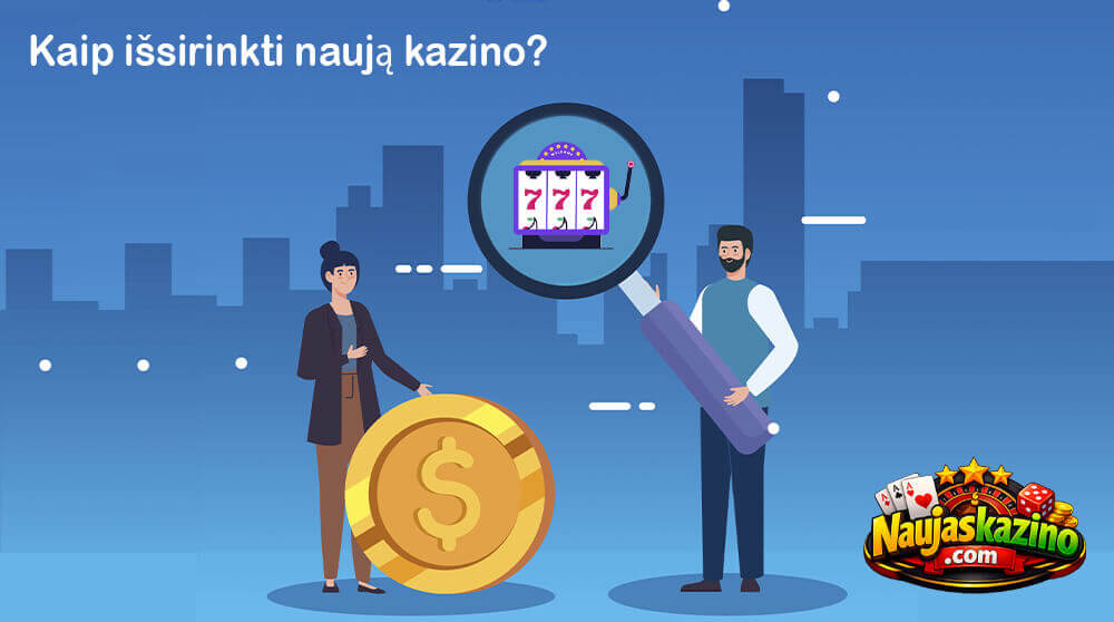 Vyras laiko padidinamąjį stiklą ir tikrina lošimo automatą